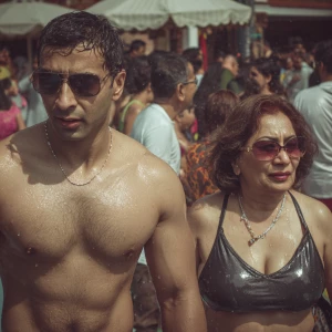 Hyperealism,a muscular beefy kashmiri son in law walking ,with h...