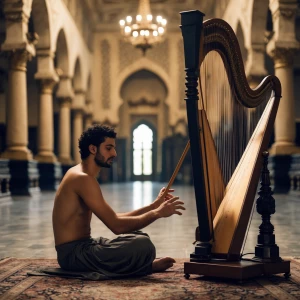 Visualize a scene where David, a barechested young musician, sit...