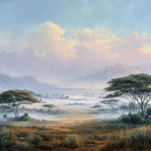 Create an expansive African vista bathed in the soft glow of mor...