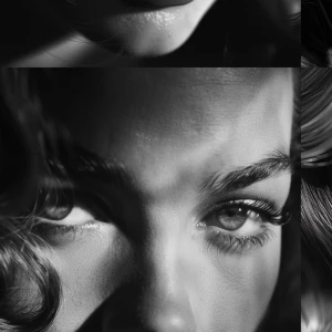Ultra realistic big close-up portrait of Lauren Bacall, black an...