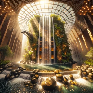 You find yourself in the Waterfall Veil Room, a harmonious blend...