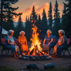 trannies and grannies sitting in a circle around a tall campfire