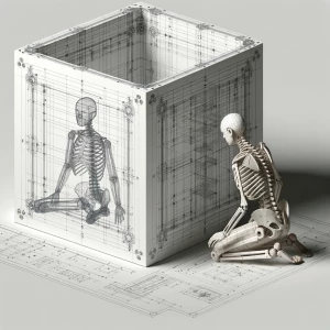 A woman kneeling inside a box with just her head sticking out of...