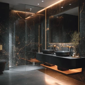 Create a highly luxurious black marble bathroom featuring gold f...
