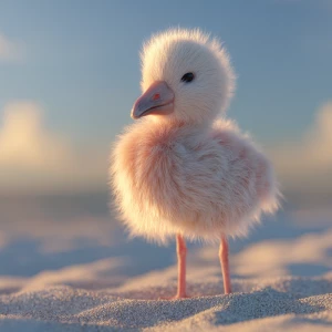 A baby flamingo chick standing on soft beach sand, ultra-realist...