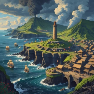 "A highly detailed hand-drawn illustration of a sprawling mariti...