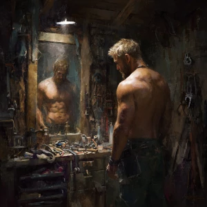 Generate an image depicting a muscular, weathered handyman stand...