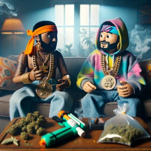 two hip hop looking guys smoke weed on a sofa with a gun and a k...