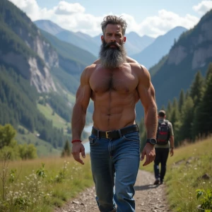 Make a man with gray-black hair and beard bodybuilder big arms a...