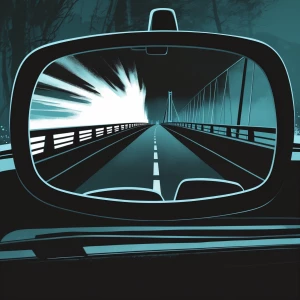 Stylized shot of a car's rearview mirror, framed within the car...
