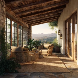 Create a realistic image of an outdoor veranda featuring wooden...