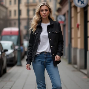 Nastoletnia dziewczyna w lużnych jeansach, conversach i czarnym...