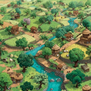 A beautiful 2D moral story village, rendered in a charming carto...