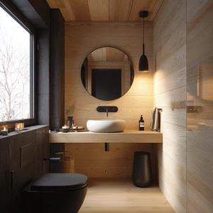 Design a small bathroom with wooden walls and ceiling, matte bla...