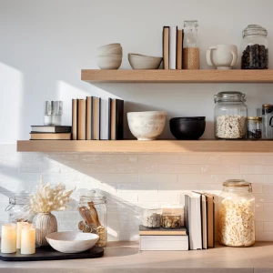 Create a modern kitchen setting with open shelving decorated wit...