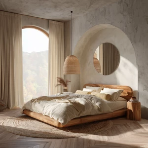 Photo-realistic interior of an organic-curves bedroom, wide-angl...
