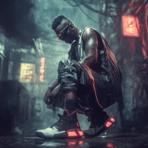 A cyberpunk street warrior, a fit Nigerian man in his late twent...