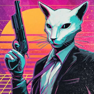 A humanoid cat character with sleek, silver fur, dressed in a st...