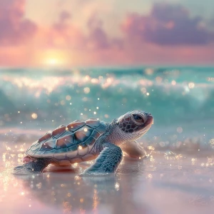 A baby sea turtle named Tika, crawling gently across soft, wet s...