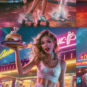 1950s retro pin-up illustration, glamorous roller-skate waitress...