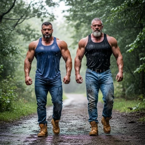 Generate an image of two men bodybuilders in Derby walking in th...