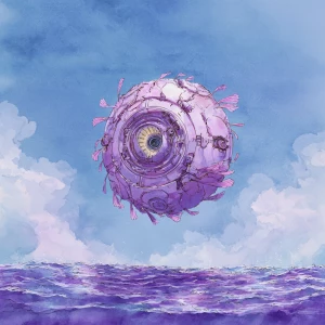 Scifi sphere drone floating upside down above a violet sea, buil...