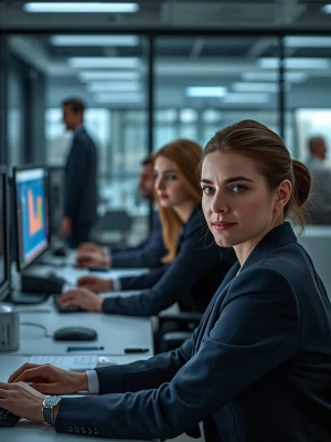 A modern corporate office scene in a 4:5 portrait composition, f...