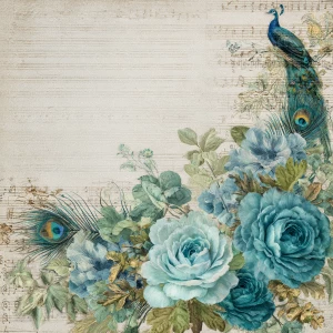 Edge-hugging bouquets of peacock-blue roses with peacock feather...