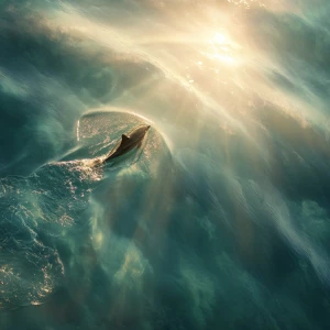 Small Baby dolphin chasing sun ray in the ocean water crest