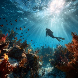 A scuba diver immersed in a dazzling coral reef habitat, illumin...