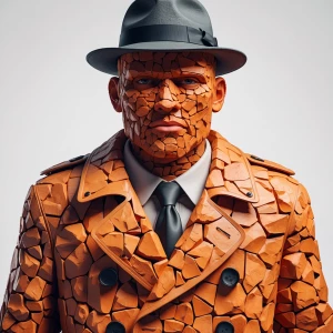 A man made out of orange rocks in a trenchcoat and a fedora. Wit...