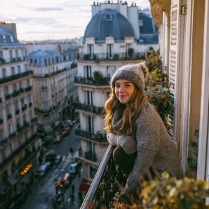 A Parisian balcony on a serene Christmas morning, overlooking th...