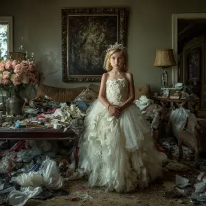 a girl wearing a couture dress but in a home setting with a mess...