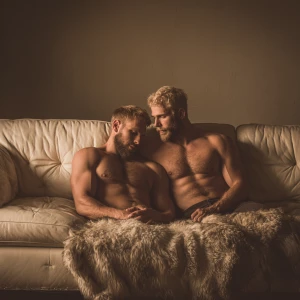 Two muscular men with blond hair and beards, both showcasing wel...
