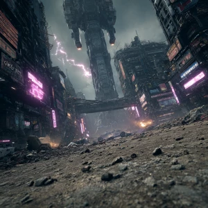 Dust-choked remains of a futuristic metropolis. Ground-level per...