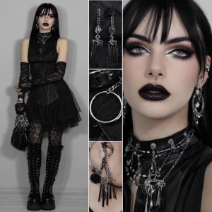 Create an image of a goth girl with dark makeup, a black wardrob...