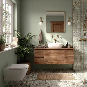 Create an image of a small bathroom featuring sage green walls,...