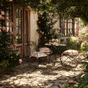 Create a serene outdoor garden scene with a rustic charm. Includ...