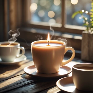 A latte-shaped candle styled like a cozy morning café scene. Pla...