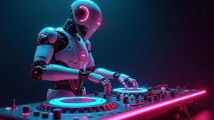 Futuristic DJ robot with glowing neon lights, mixing music on a...