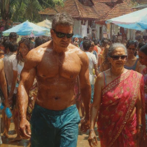 Hyperrealism, oil painting,a muscular beefy kerela man walking ,...