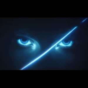 A cinematic logo animation featuring a close-up of glowing blue...