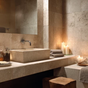 Create a sophisticated spa-like atmosphere in a compact beige-to...
