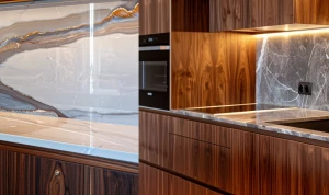 “Contemporary kitchen with walnut wood cabinets, under-cabinet l...
