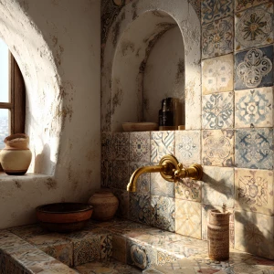 Generate a detailed image of a small Mediterranean bathroom feat...