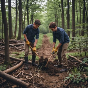 Two brothers clearing a path in the woods