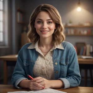 A friendly female English teacher character named Lucy, young ad...