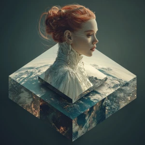 Generate an image of a stunning alien woman with red hair positi...