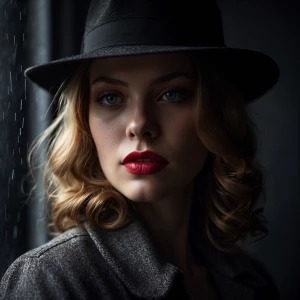 “Portrait noir of a mysterious woman, 1940s film noir style; tig...