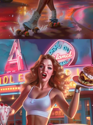 1950s retro pin-up illustration, glamorous roller-skate waitress...